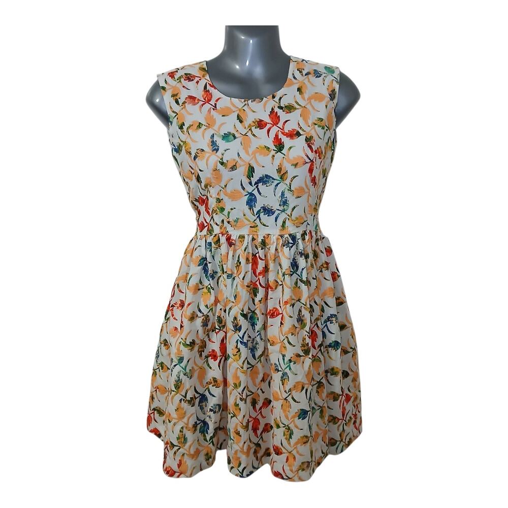 C&C California Women’s Small Sleeveless Fit & Flare Dress Multicolor Leaf Casual